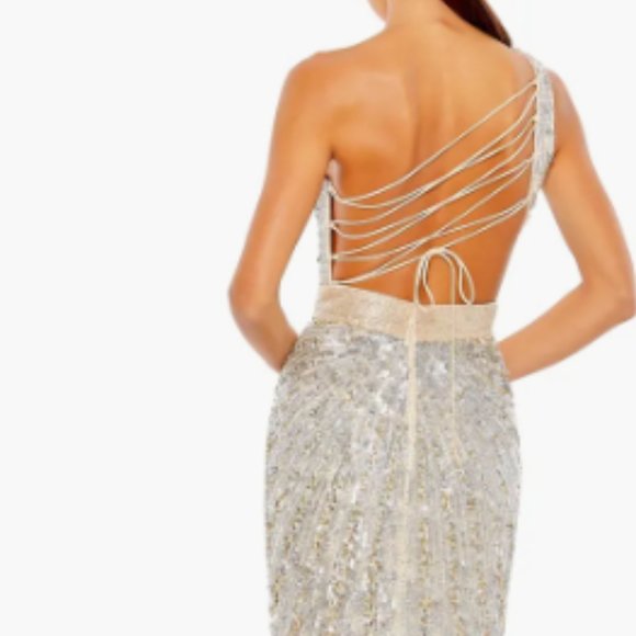 MAC DUGGAL ONE SHOULDER SEQUIN BEADED LACE UP BACK NUDE/SILVER GOWN sz 2 - Picture 5 of 8